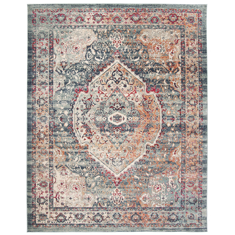 Doucet 300 Pes/Cotton/Pp/Latex Oriental Rug in Navy/Aqua, Rectangle 5' x 7'