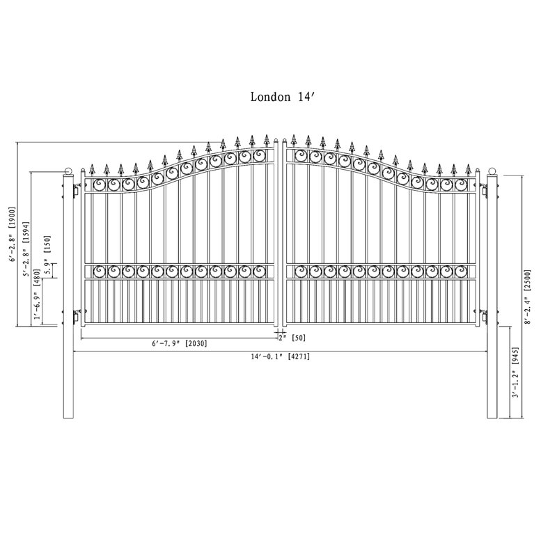 London Style Black Steel Dual Swing Driveway Gate with Opener