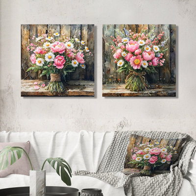 Rustic Romance Wildflowers Bouquet I - Assortiment de bouquets assortis - Ensemble d'art mural traditionnel 2 pièces