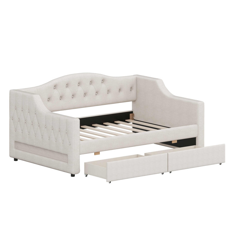 Lit de jour moderne rembourré avec ceinture à DEL intégrée et tiroirs de rangement intégrés, Beige