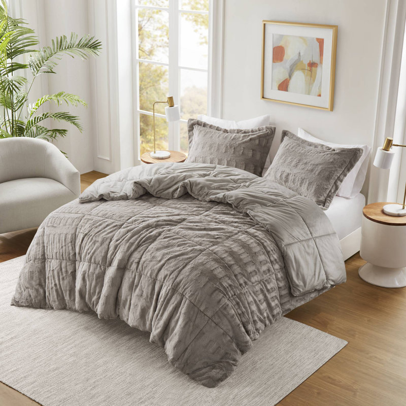 Ensembles de literie doux, Édredon pour grand lit + 2 taies décoratives, Gris