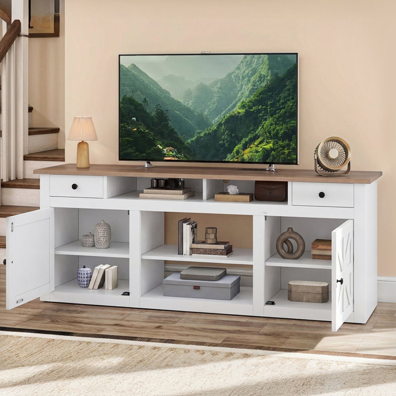 Meuble télé avec 2 tiroirs et station de charge Kavita , L 70 po, Blanc