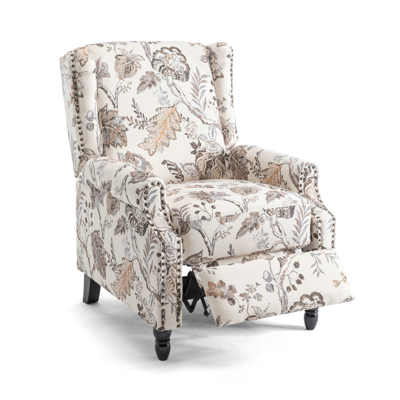 Ameiah 74 cm W Upholstered Wing Back Manual Push Back Recliner with Naihead Trims, Plants Beige Polyester