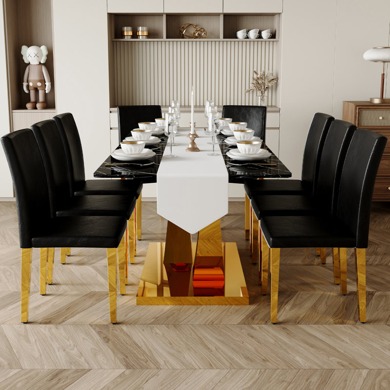 Ensemble de table de salle à manger de luxe avec plateau en verre et chaises en similicuir, ensemble de table de cuisine moderne avec pieds en métal doré