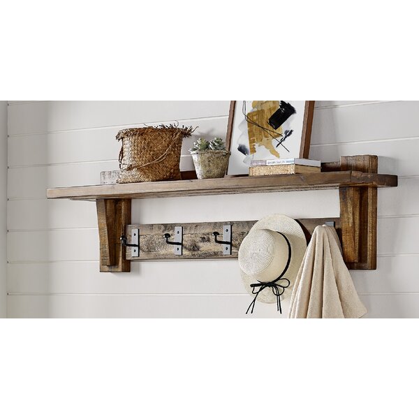 LUPWNEKA 2-Tier Wall Hooks with Shelves, White Wood Coat Rack with Shelf Wall-mounted, 24’’Entryway Floating Lip Shelves with 5 Tri Hooks Underneath