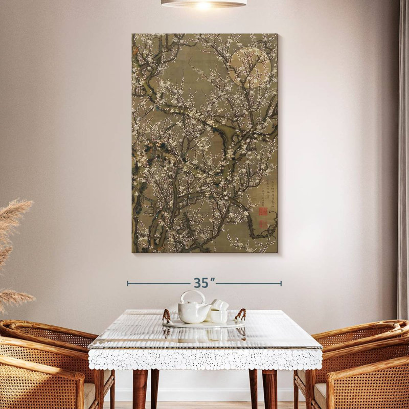 Prunier blanc en fleurs et lune, H 51 po x l 34 po