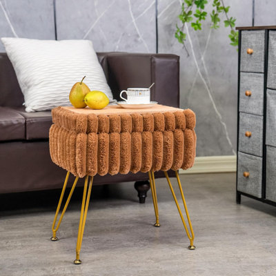 Tabouret de coiffeuse brun en fausse fourrure avec repose-pieds réversible avec pieds dorés