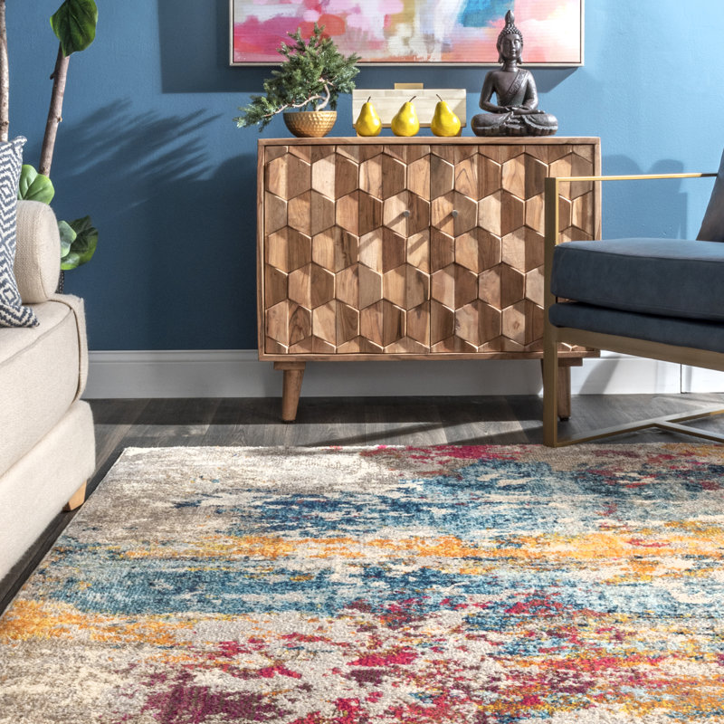 Hiroko Abstract Power Loom Performance Ivory/Blue/Pink/Yellow Rug, Rectangle 10' x 14'