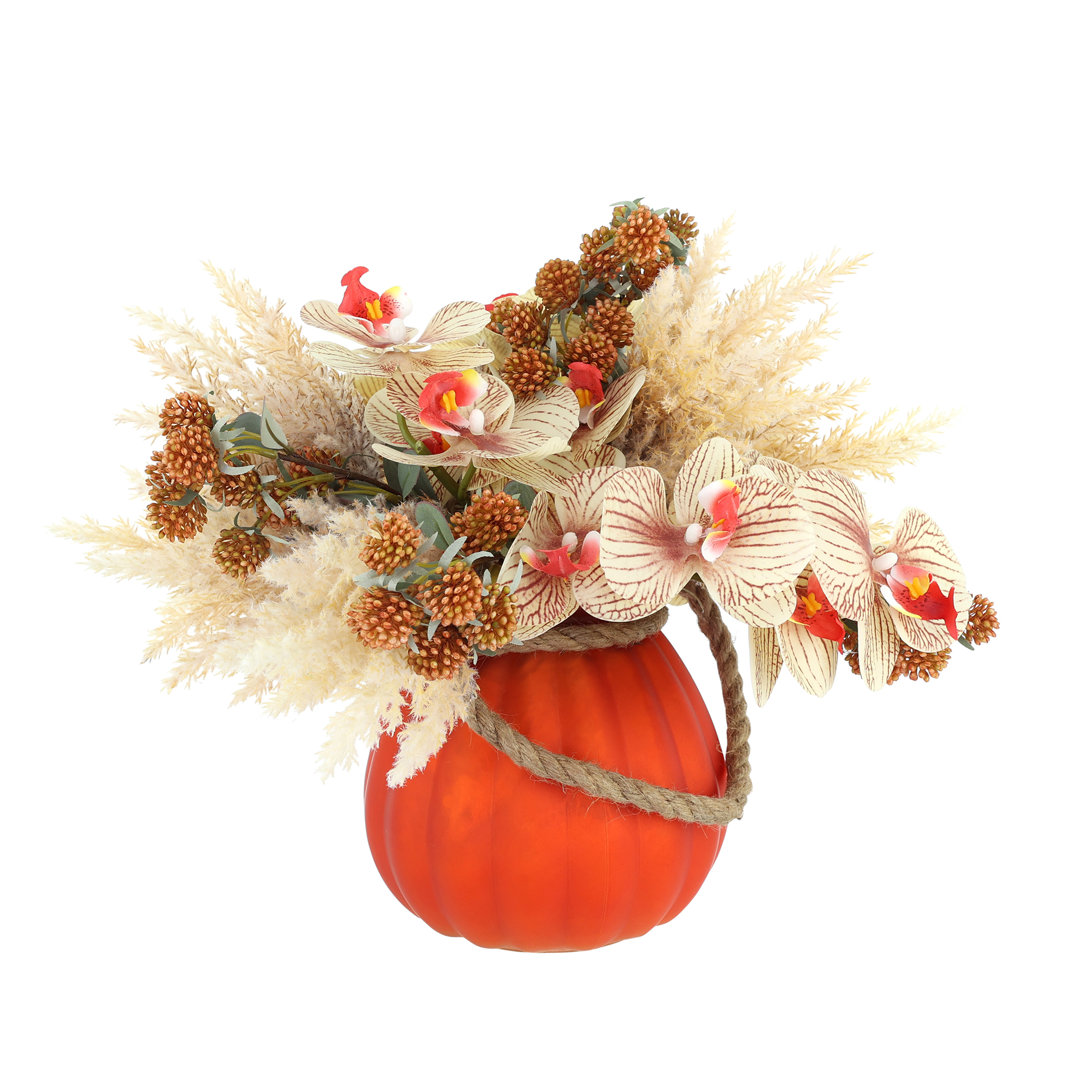 Orchid and Pampas Fall Arrangement in Glass Pumpkin Vase Primrue