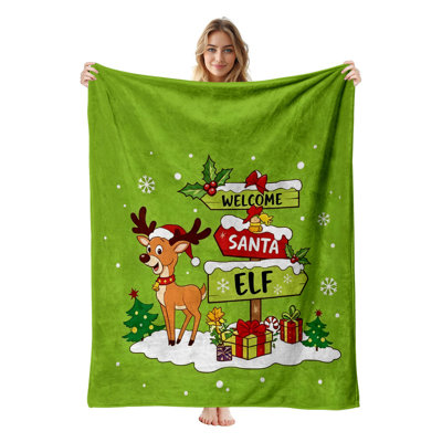 Plaid de Noël en flanelle polaire JYK, léger, respirant, doux et chaud en microfibre pelucheuse, 127 x 152 cm, Bienvenue au Père Noël et à son lutin