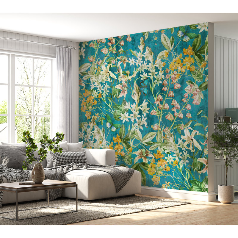 Murale botanique pelez et collez Christopher - Bleu jardin printanier, L 108 po x l 120 po