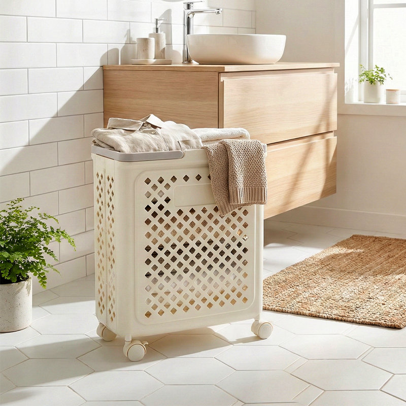 Plastic Laundry Basket with Handles, Cream White, 47cm H x 35cm W x 18cm D