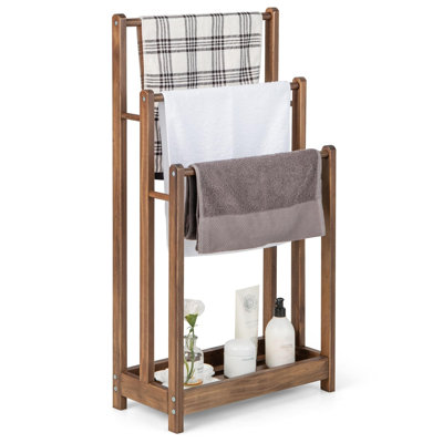 3‑Tier Freestanding Bamboo Towel Rack with Storage Shelf, Floor‑Standing Towel Organizer for Bathroom, Bedroom, Laundry Room