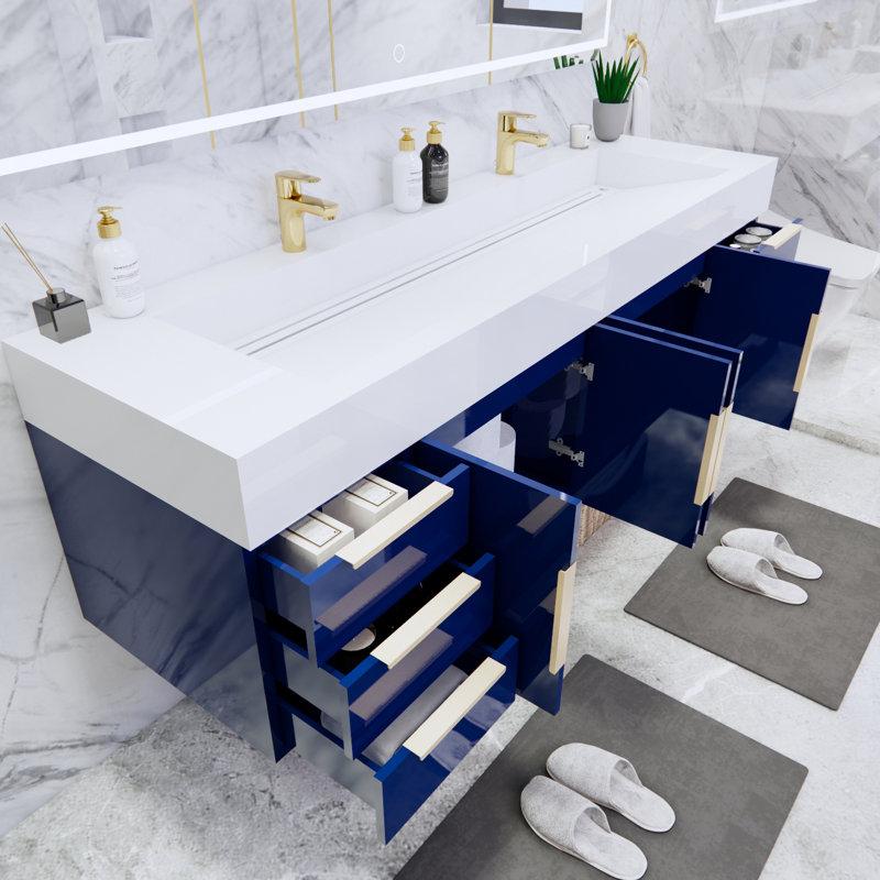 Ensemble de meuble-lavabo double mural 71 po Thomason, Blanc, Bleu