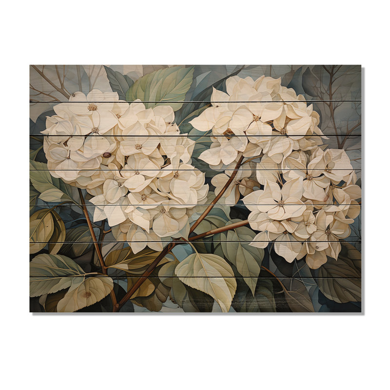 «Cubist Hydrangea L'interpretation» sur bois de pin naturel, H 30 po x l 40 po