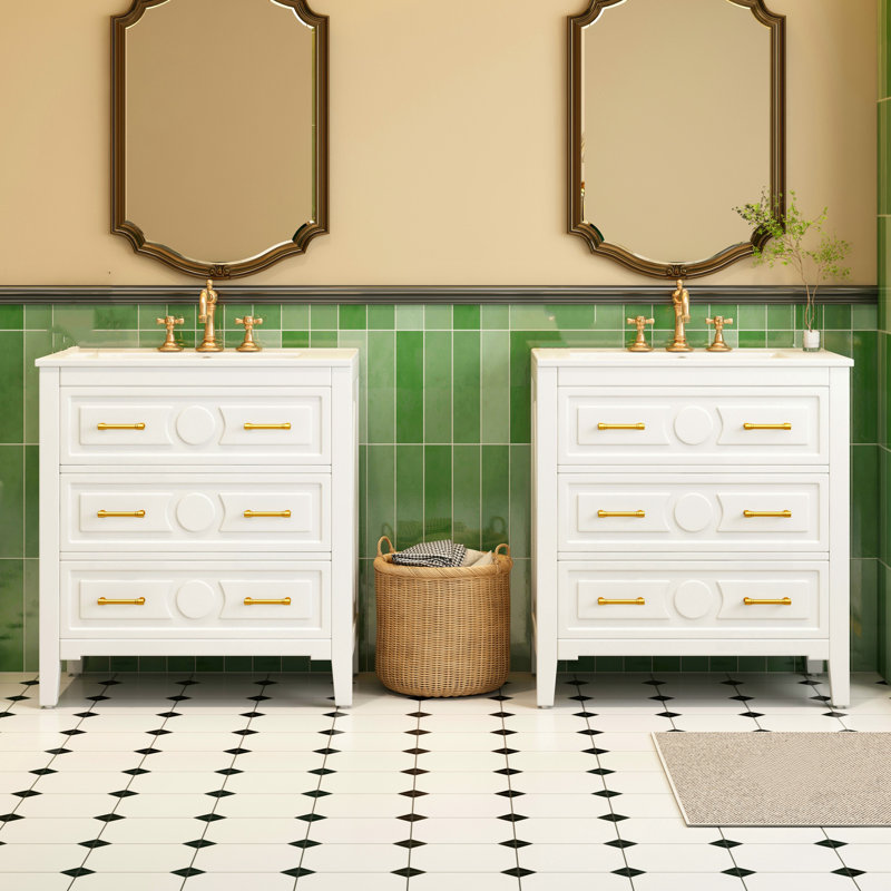 Ensemble de meuble-lavabo autoportant 60 po avec lavabo en céramique 60 po, 3 tiroirs, armoire de rangement en bois massif, blanc