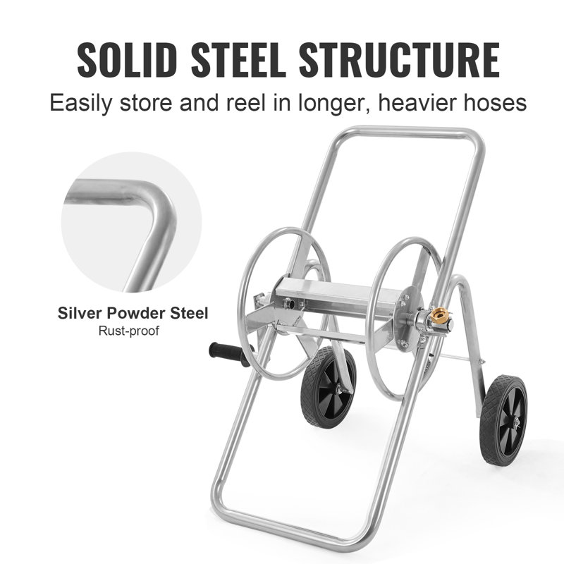 Heavy Duty Silver Steel Manual Crank Hose Reel Cart with Wheels