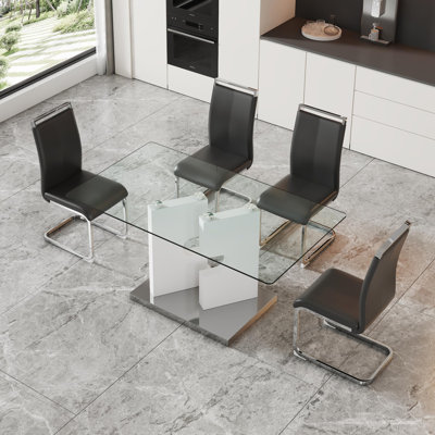 Ensemble de table de salle à manger 63 ", ensemble de table de salle à manger en verre avec chaises en cuir synthétique