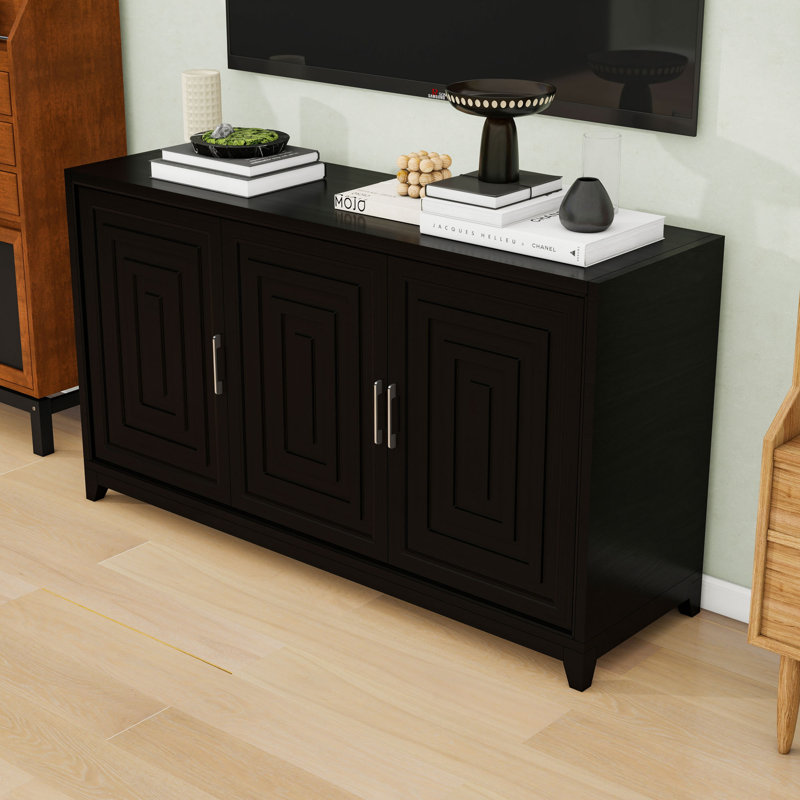 Buffet bahut avec armoires de rangement réglables, meuble télé de 65 pouces avec pieds en bois massif, Noir