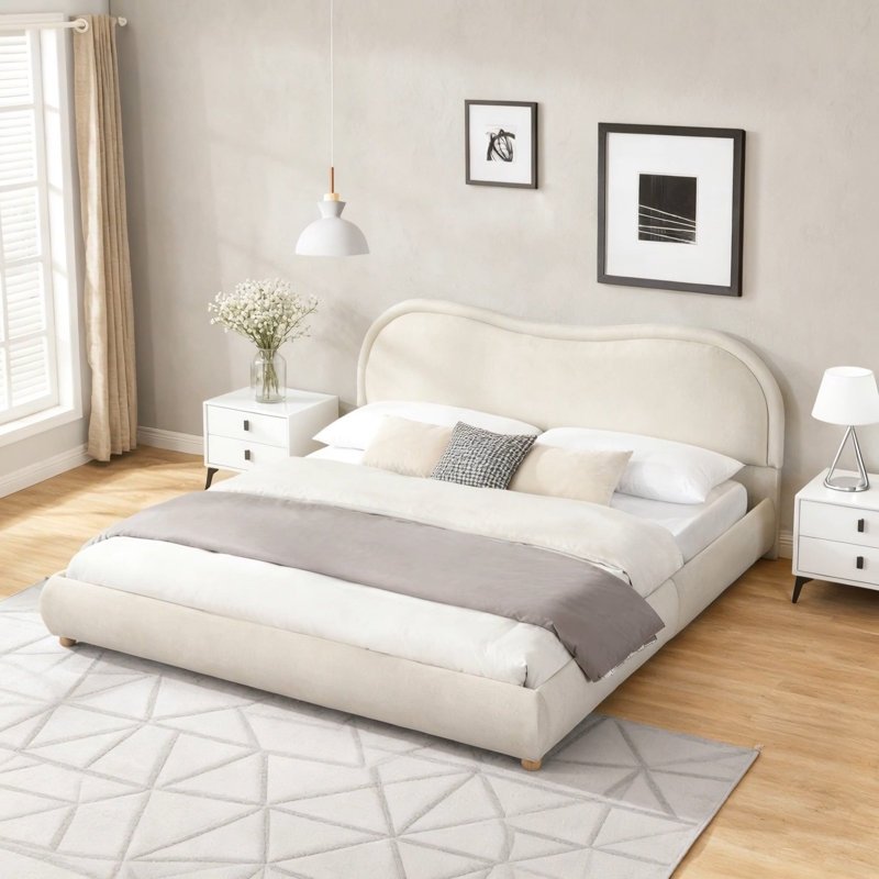 Chenille Platform Bed Frame With Rounded Corners Curved Headboard & Oak Solid Wood Legs, No Box Spring Needed, King, Beige