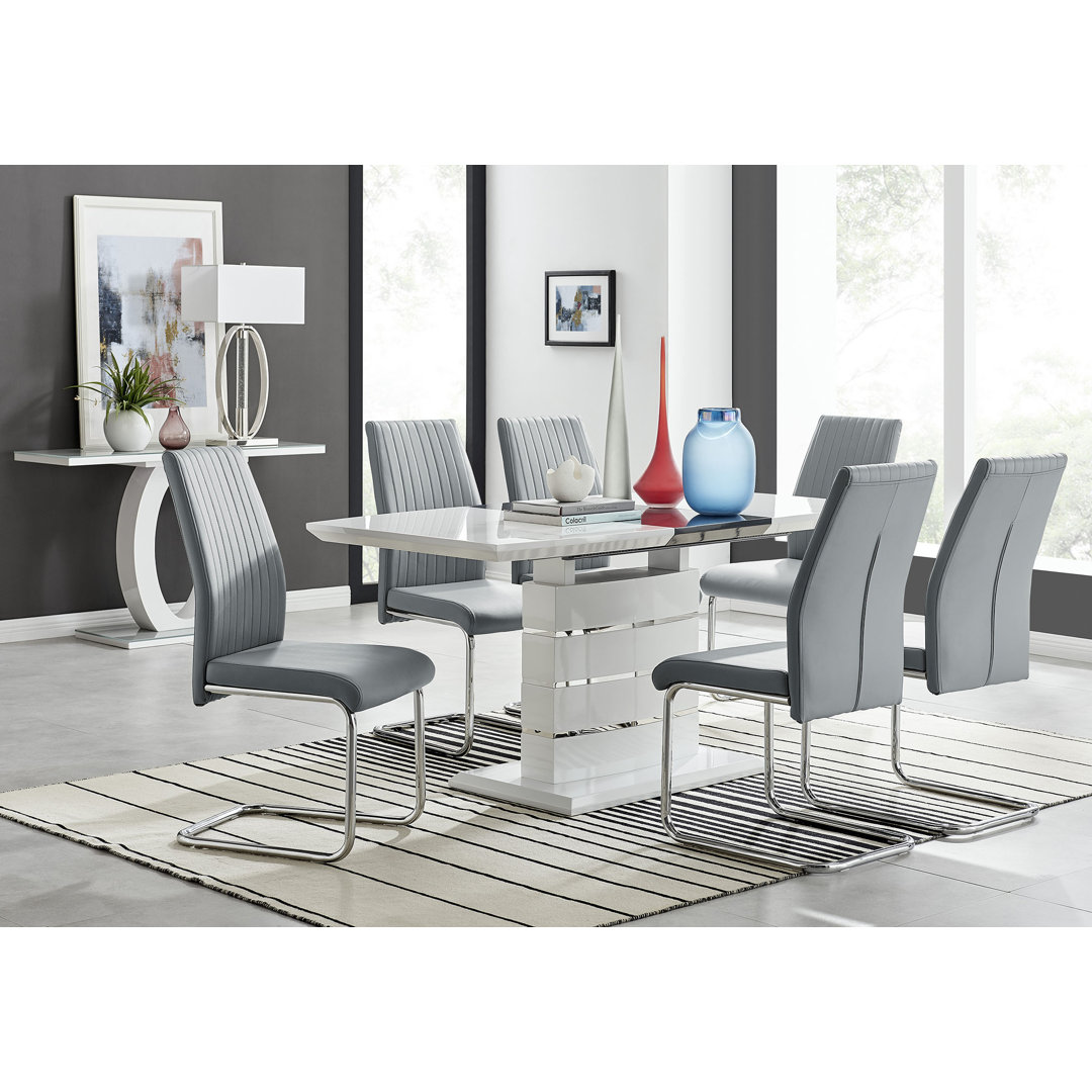 Everson High Gloss Extendable Dining Set with 6 Luxury Faux Leather Upholstered Dining Chairs East Urban Home Chair 