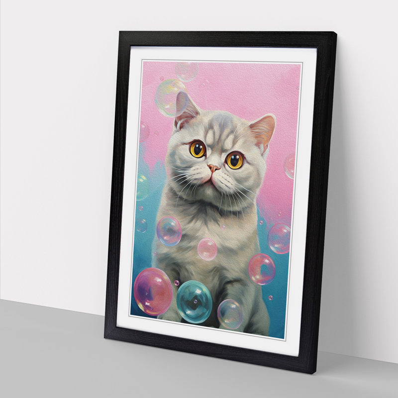 Cat Bubble Gum No.2 - Single Picture Frame Print on Wood, 64cm H x 46cm W x 2cm D, Black Framed