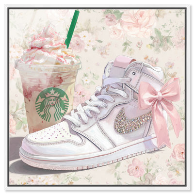 Strawberry Frappucino Sneaker Framed Acrylic Print Dorm Wall Decor by Art Remedy, White Frame, 16 x 16