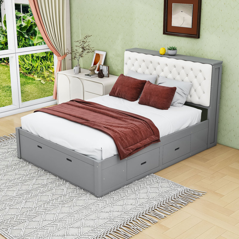 Grand lit plateforme en bois avec tête de lit et rangement pour chaussures, Gris