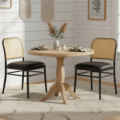 Modern Upholstered Faux Leather Side Dining Chair with Cane Rattan Back
