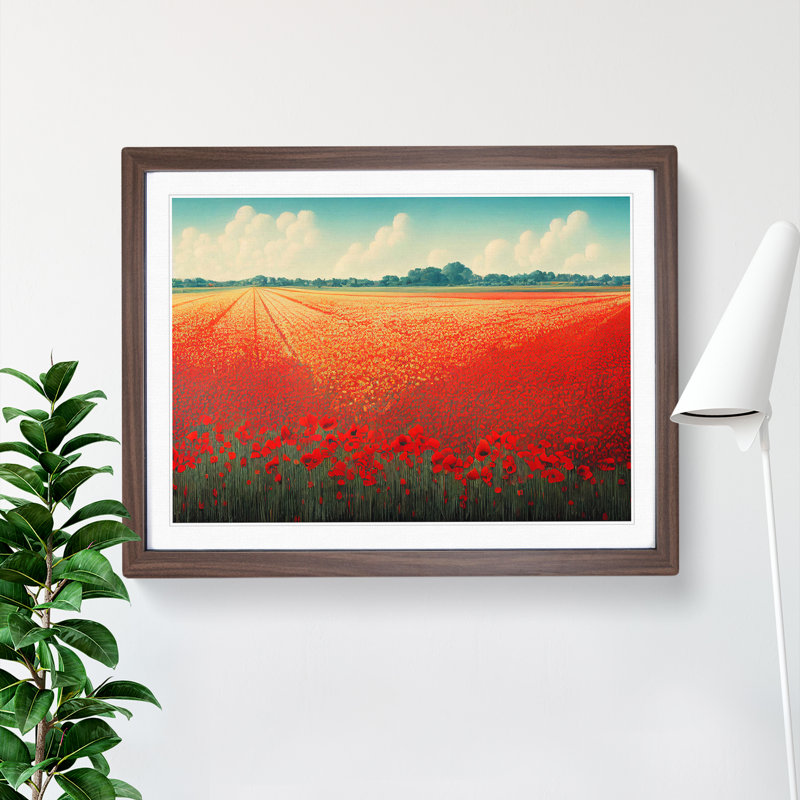 Eye Opening Poppy Field Flowers - Single Picture Frame Painting, 34cm H x 46cm W x 2cm D, Walnut