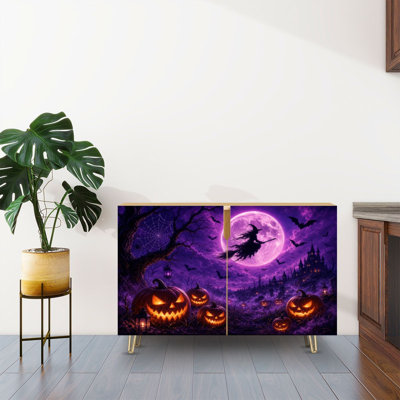 Buffet Buffet avec rangement Citrouille d'Halloween sous la lune mauve, sorcière, silhouette de chauves-souris effrayantes avec 2 portes pour le salon et la cuisine