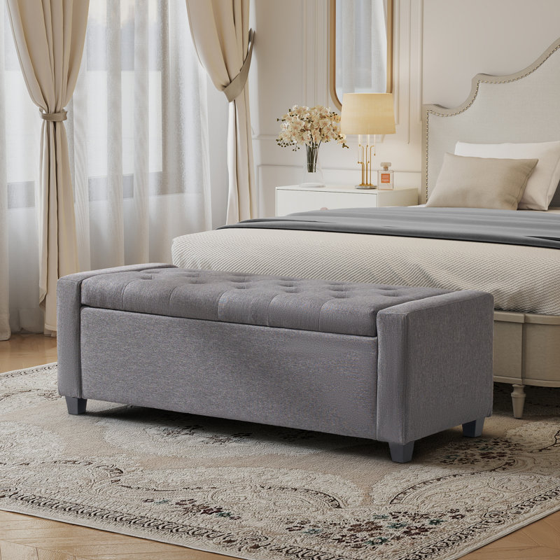 48" Upholstered Storage Ottoman Bench with Safety Hinges – Button Tufted Entryway & End-of-Bed Bench,Beige, Blue