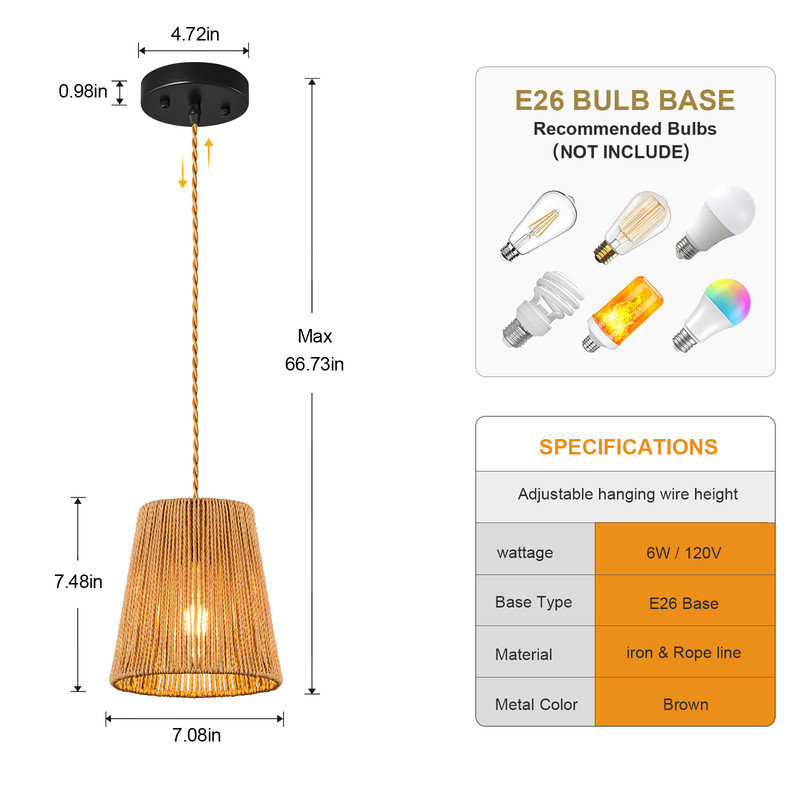Luminaire suspendu brun en rotin tissé à la main Boho