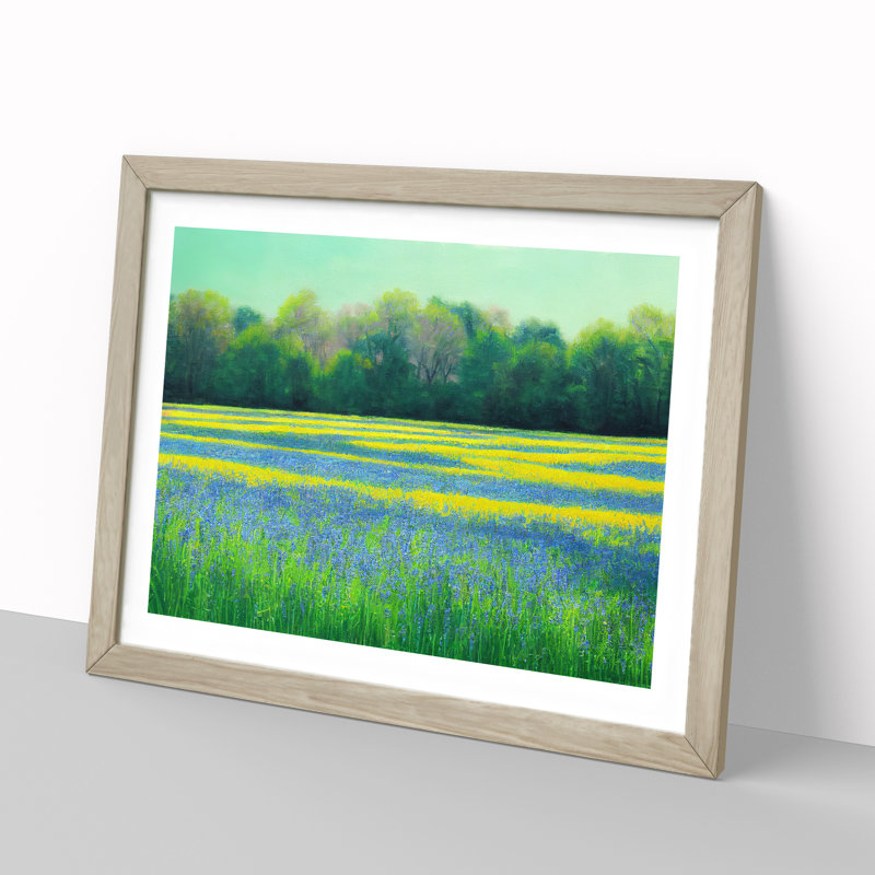 Cool Bluebell Field - Single Picture Frame Painting, 46cm H x 64cm W x 2cm D, Oak