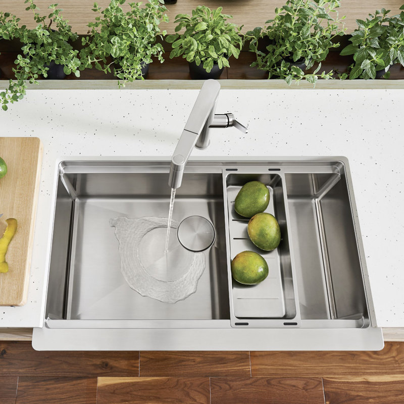 Quatrus Ergon 33" L x 20.5'' W Single Bowl Stainless Steel Farmhouse Sink with Cutting Board