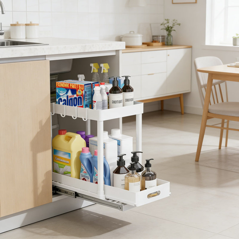 Rangement de tiroir coulissant sous-comptoir polyvalent pour armoires de cuisine et de salle de bain, installation sans outils, conception antidérapante et robuste