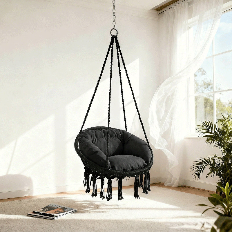 Chaise de hamac suspendue Macrame, balançoire en corde de coton pour 1 personne avec coussin et quincaillerie pour l'intérieur et l'extérieur