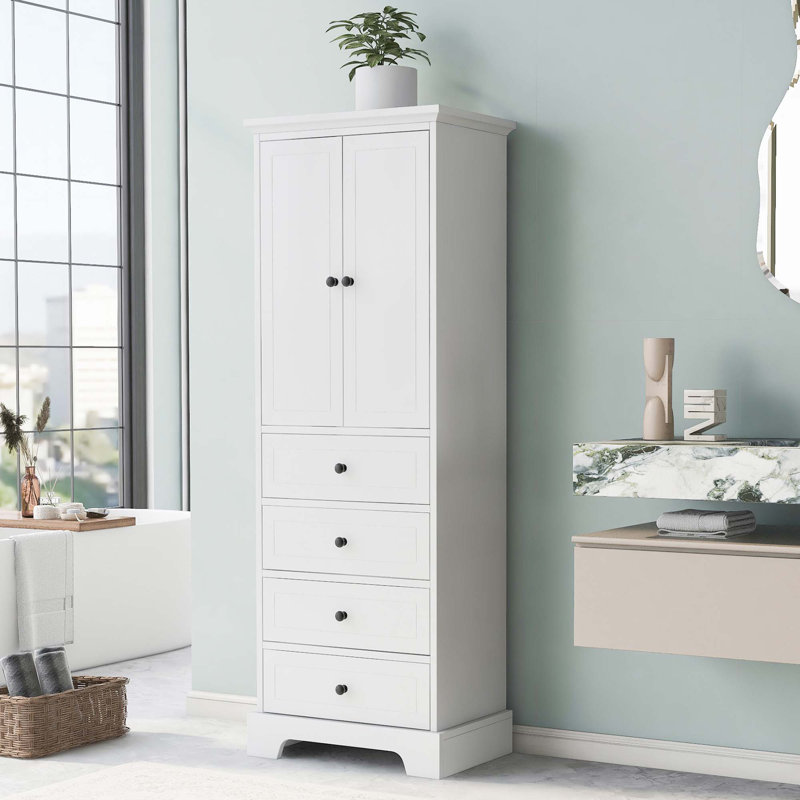 Armoire de rangement avec 2 portes et 4 tiroirs pour salle de bain, bureau, tablette réglable, panneau de fibres à densité moyenne avec finition peinte