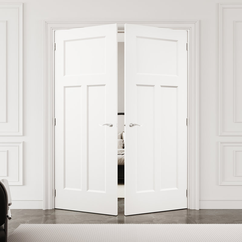 Porte française de 60 po x 80 po à panneau en T moulé avec quincaillerie argentée avec loquet et levier de porte, dalle de porte unie, peignable et imperméable, combinaison pour la lessive, portes de placard, portes de pièce, assemblage requis