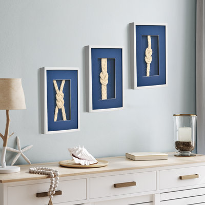  Nautical Rope Knot 3 Piece Framed Coastal Wall Art Decor Set - Navy Blue