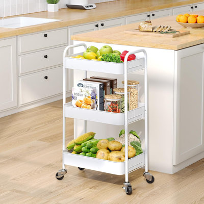 3-Tier Metal Rolling Cart With Wheels, Storage Utility Organizer Cart For Kitchen, Bathroom, Office, Baby Essentials & Makeup - Lockable Casters, Easy Assembly, Large Capacity, White