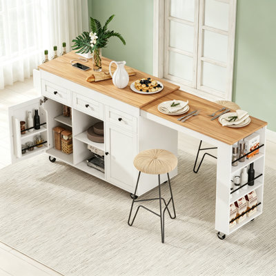 85.5 Inch Extendable Kitchen Island with Dining Table, Storage, and Power Outlet, Ideal for Multi-Functional Use in Kitchens and Dining Rooms
