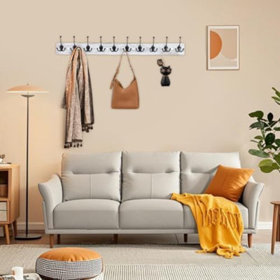 Porte-manteau mural blanc vintage, 86 cm de long avec 10 crochets triples | Robuste, en bois, fixation murale, style rustique, idéal pour l'entrée, le salon, pour manteaux, écharpes, sacs, serviettes et chapeaux.