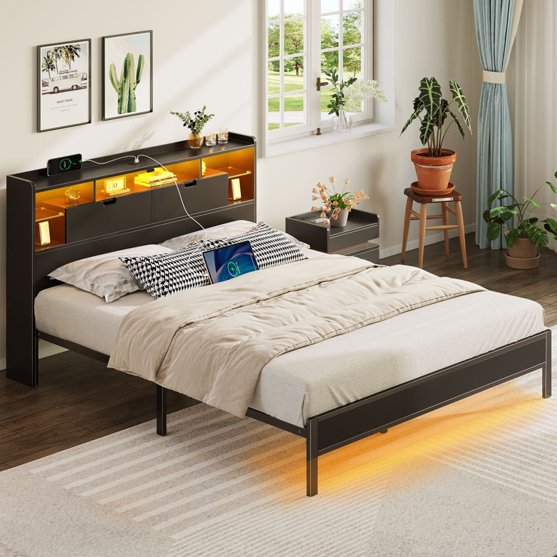 Zohreh Metal Bookcase Storage Bed with RGB LED Lights and Charging Station, Queen