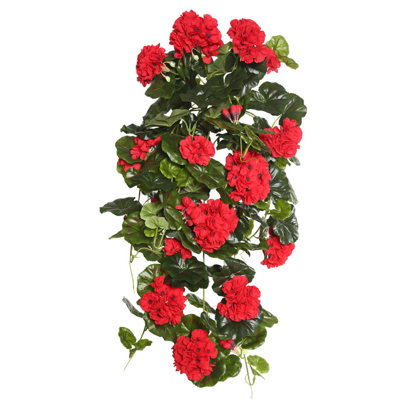 Red Polyester Geranium Hanging Bush with Green Leaves