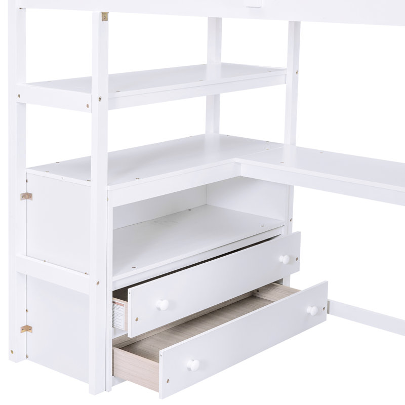 Lit mezzanine simple avec bureau et tablettes, aspect attrayant en blanc antidérapant, Lit simple, White