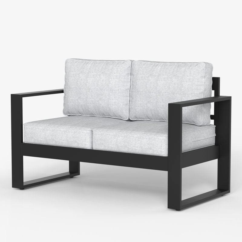 127cm Wide Metal Loveseat with Cushions, Black Frame/Grey Cushion
