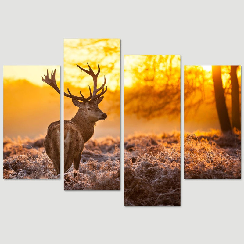 Animaux, cerf sous le soleil, forêt, nature, paysage, très grand décor de salon sur toile, ensemble de 4 pièces