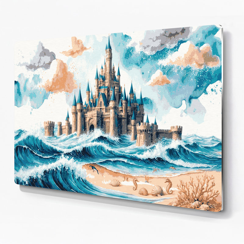 Art mural blanc en métal Coastal Sandcastle, H 11 po x l 14 po