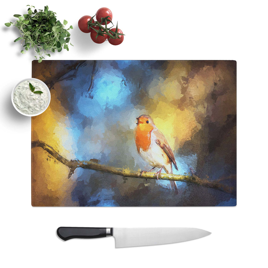 Tempered Glass Robin Bird in a Tree Chopping Board